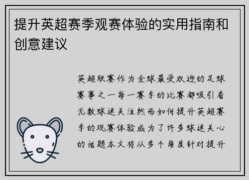 提升英超赛季观赛体验的实用指南和创意建议